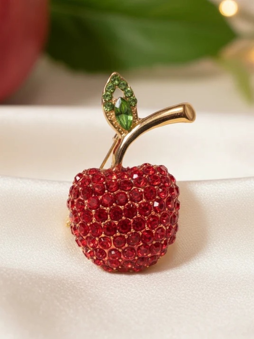 Red Crystal Apple Brooch with Green Leaf Accent